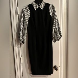 New York and Company Black W/Plaid Balloon Arms & Collar Pencil Dress Sz S NWT